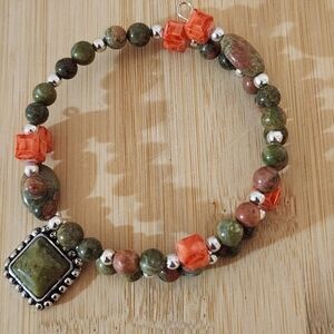 Hand Crafted Green and Orange Beaded Wrap Bracelet with Charm